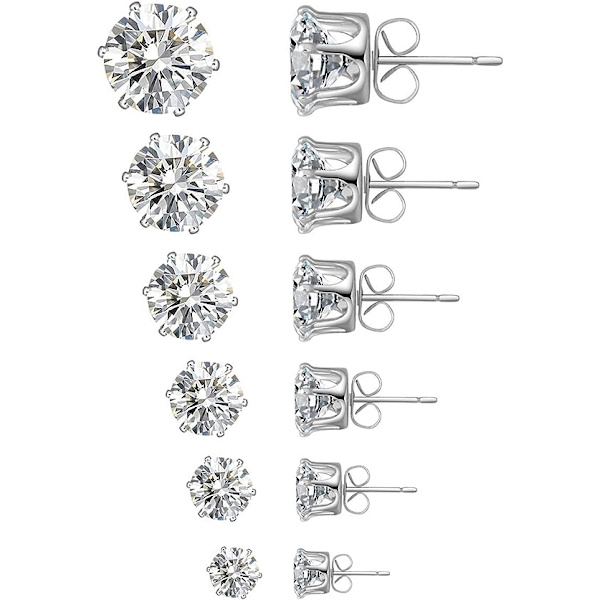 6 Par Stud Øreringe Sæt, Klar Cubic Zirconia 316L Rustfrit Stål