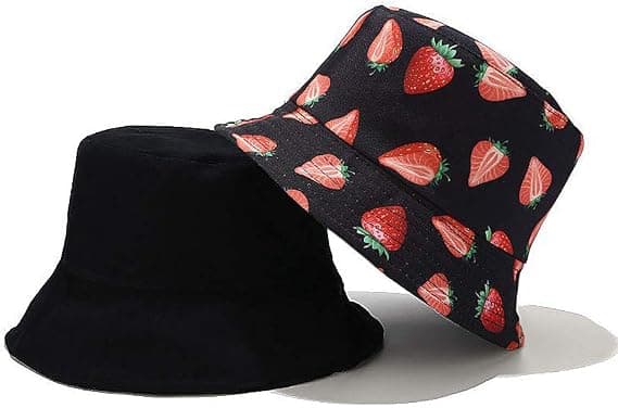 Vändbar Bucket Hat Fiskehatt Solhatt för Kvinnor och Flickor, Strawbe