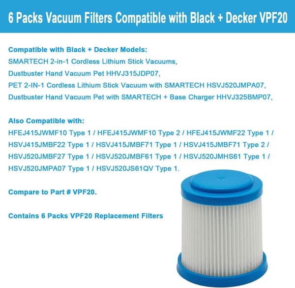 6 Pakk VPF20 Erstatningsfiltre for Black and Decker Smartec