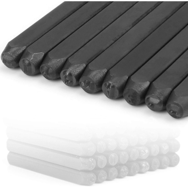 36 kappaleen metalli- ja nahkaleimat, 3 mm, aakkoskirjaimet ja numerot