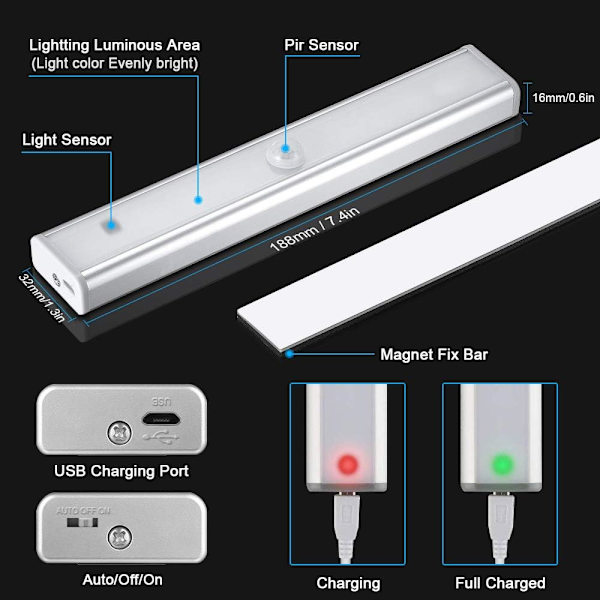 Set med 2 st 10 LED-lampor, trådlösa, USB-uppladdningsbara, magnetiska, Moti