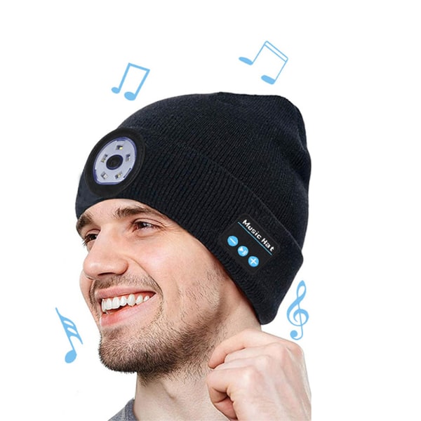 Bluetooth-mössa med ficklampa, LED-upplyst mössa med musik, Mössa