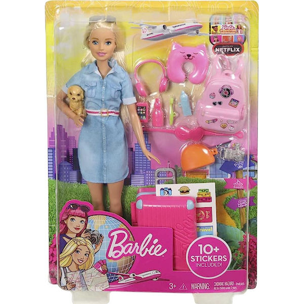 Barbie-nukke ja matkasarja, mukana pentu, matkalaukku ja yli 10 tarviketta
