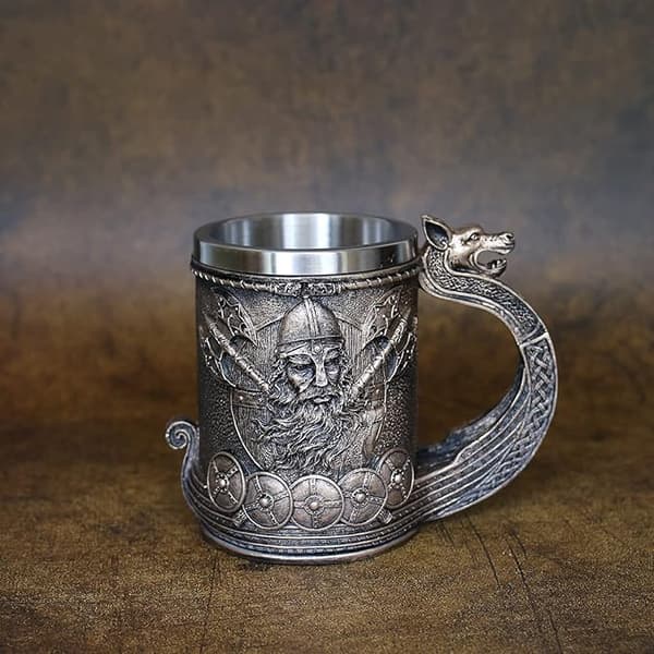 Øl- og kaffekrus i rustfritt stål, middelalder-norrønt viking skip, bronse