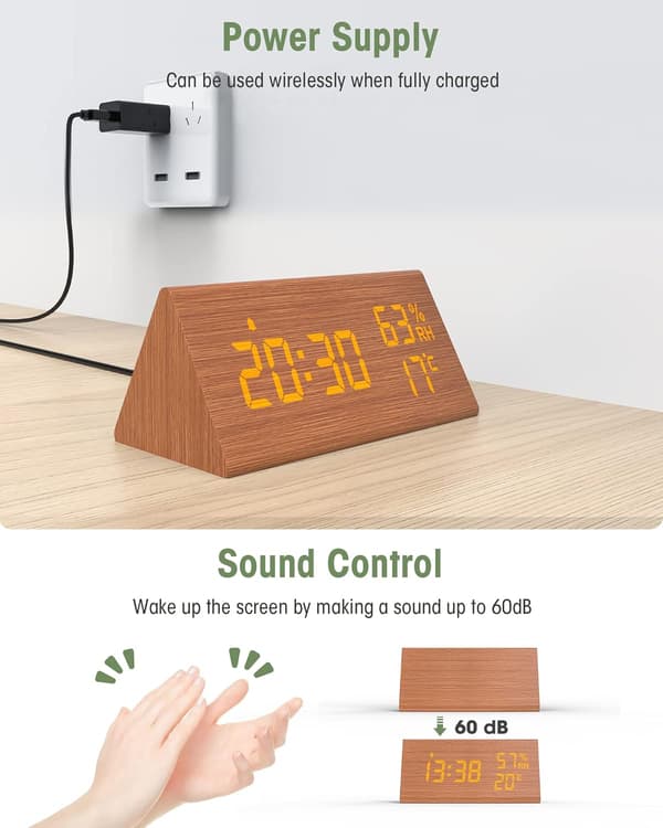 Træ Digital Vækkeur, Digitalt Ur med Snooze/Dato/Temperatur