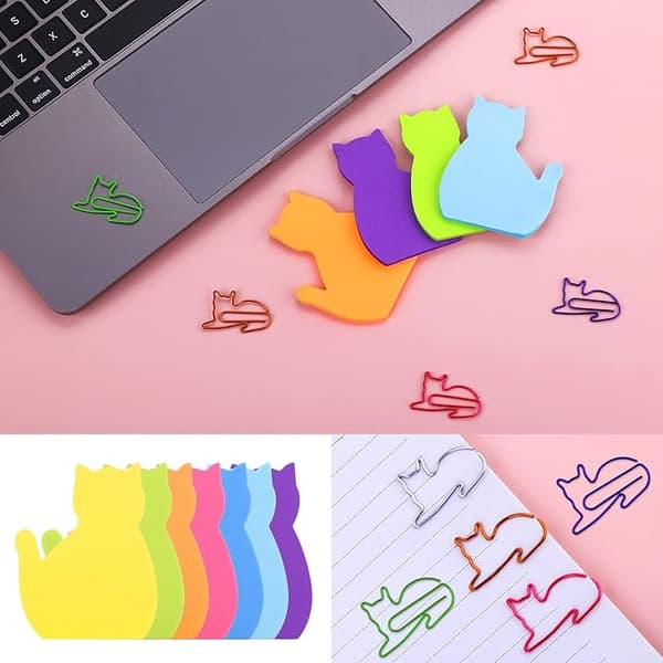 Sæt med 6 Sticky Note Pads i Katteform med Papirclips, 180 Ark