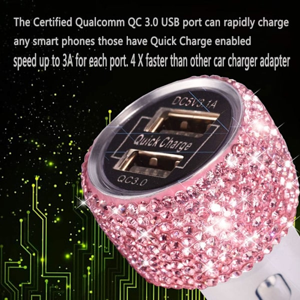 Dobbelt USB Billader Hurtig Opladning 3.0 Bling Bling Krystal Bil Dekoration