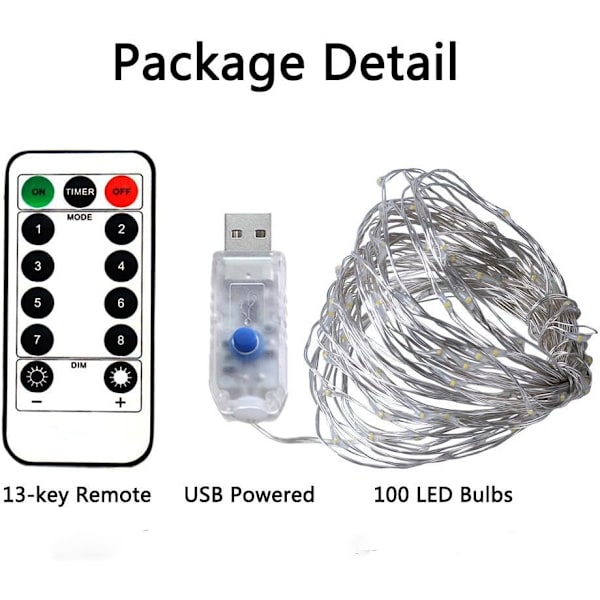 2 Lyslenker 100 LED 10 Meter Sølvtråd Hvit kald