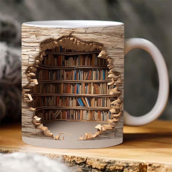 3D bokhyllekrus - A Library Hylle Cup, Funny Library Bokhylle Krus, Bokelskere Kaffekrus, Bokhyller Hole In A Wall