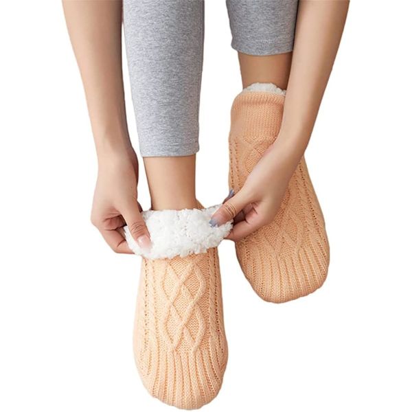 Inomhus Golv Halksäkra Varma Sockor, Handvävda Sammetfodrade Tofflor