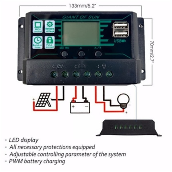 10A MPPT PWM Solcelleladningsregulator 12V 24V LCD Display 2 USB