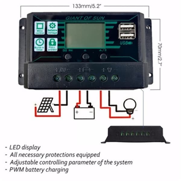 10A MPPT PWM Solcellsladdningsregulator 12V 24V LCD-display 2 USB
