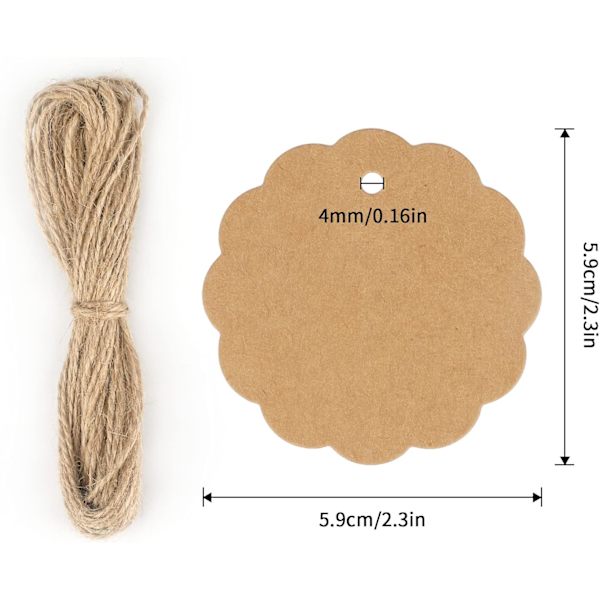 Runde Kraftpapir-mærker 6 cm, 100 stk. Gavemærker med Jutegarn til