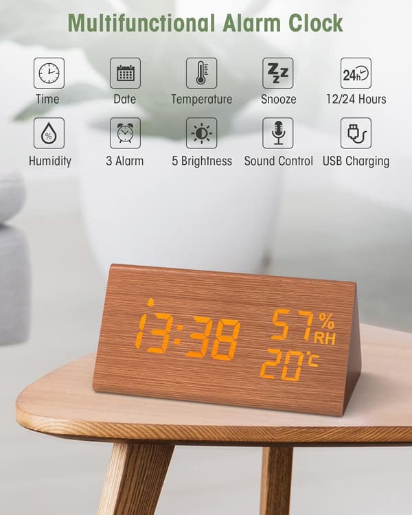 Træ Digital Vækkeur, Digitalt Ur med Snooze/Dato/Temperatur