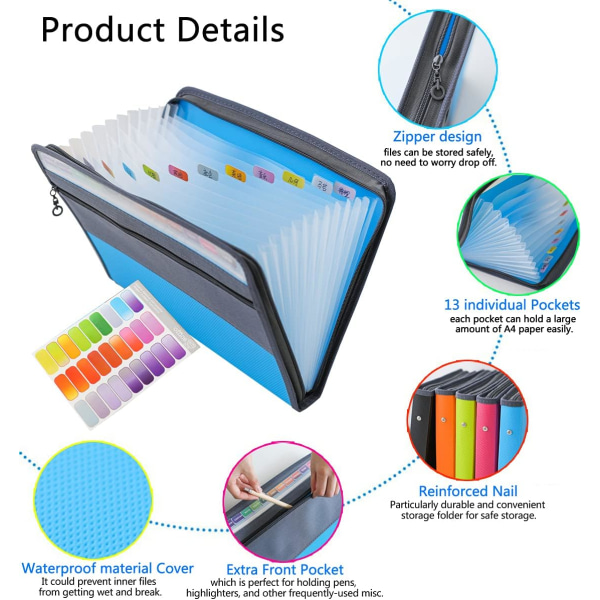 13-Lommet Accordion Udvidbar Mappe med Lynlåslukning A4 Størrelse