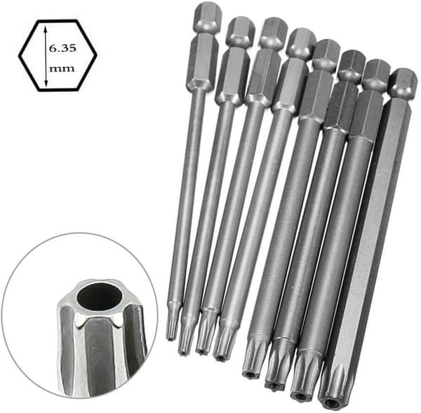 8 stk. ekstra lange hule magnetiske Torx skruetrækker bits sæt 1/4 tommer