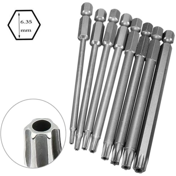 8 stk ekstra lange hule magnetiske Torx skrutrekkerbitssett 1/4 tommer