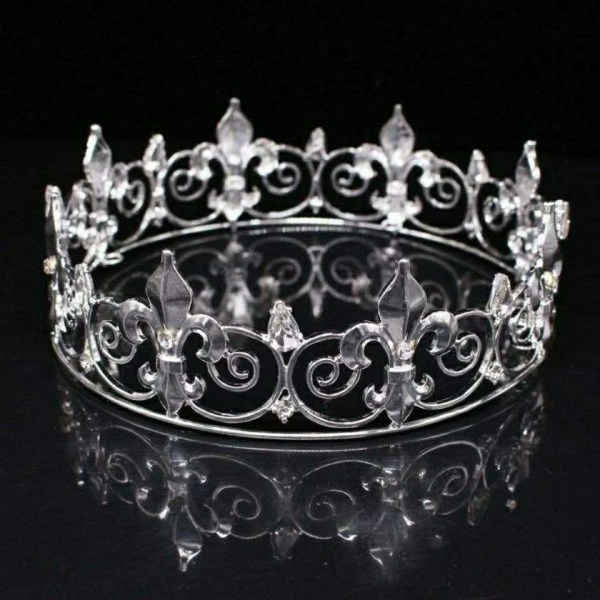 Full King's Crown för män för balfest - klara kristaller Silver Pl