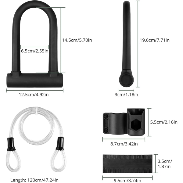 Sykkel U-lås, Heavy Duty D-lås med 1,2 m/4 fot fleksibel stålkabel og