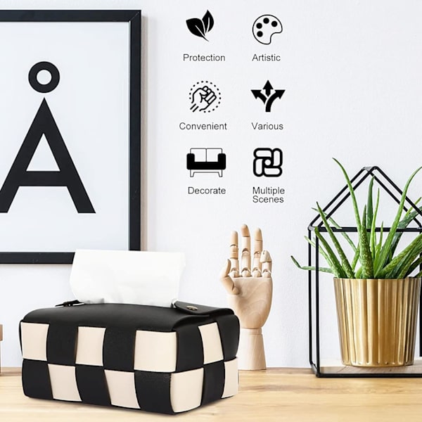 Rektangulärt vävnadsboxöverdrag, Modern PU-läder, Elegant för vardagsrum, Dekorativ hylla, Badrumsbänk, Skrivbord, Sängbord (Svart)