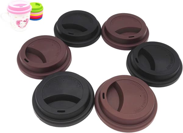 3 Svarta och 3 Kaffe Återanvändbara Läcksäkra Silikonlock (6-pack)