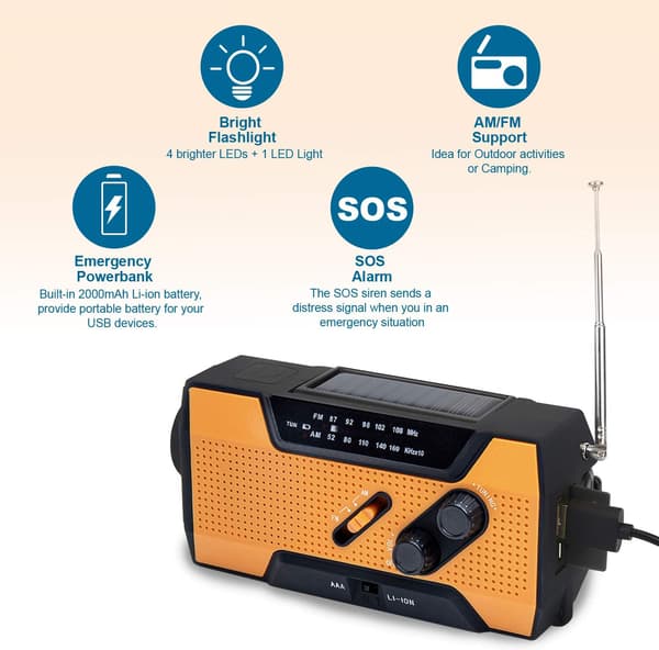 Nødvejrradio 2000mAh (Model A1) Sol/Sving/Batteri