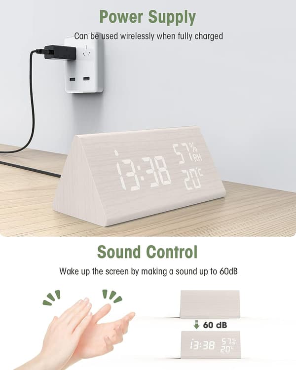 Trä Digital Väckarklocka, Digital Klocka med Snooze/Datum/Temperatur