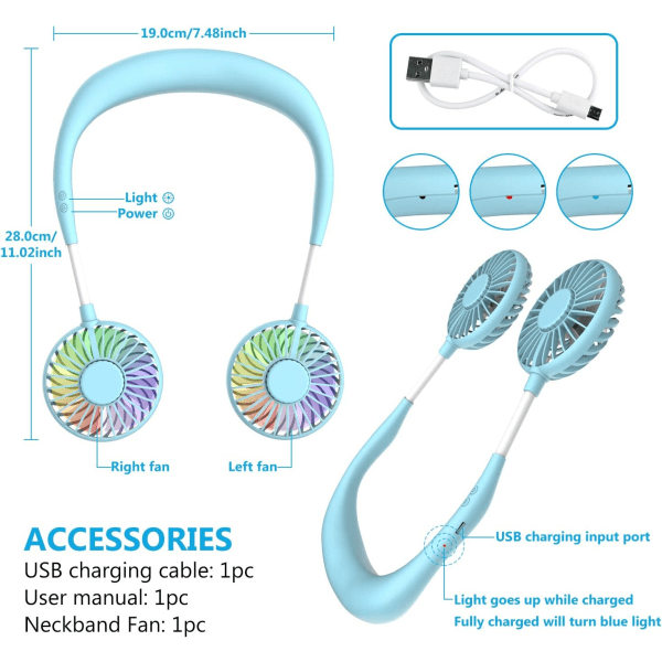 Bärbar fläkt, mini USB fläkt, bärbar uppladdningsbar halsfläkt (blå)