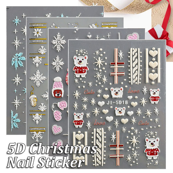 4 Sheets 5D Christmas Nail Art Stickers Decals Christmas Nail Dec