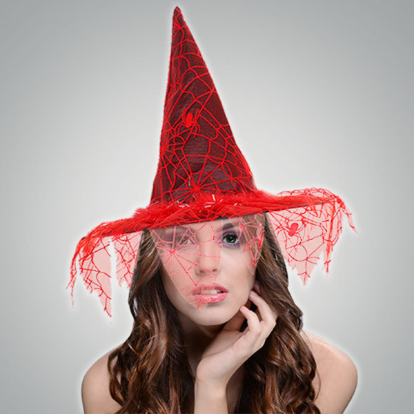 Halloween-häxhatt i nät, trollkarlhatt, sminkkostym, rekvisita, cosplay