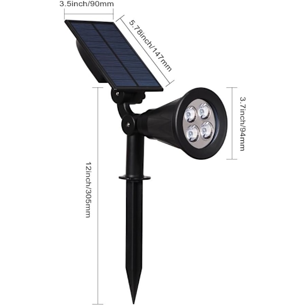 [2-pakning] LED Solcelle Flomlys, T-SUN 4 LED Solcellelys, Vanntett