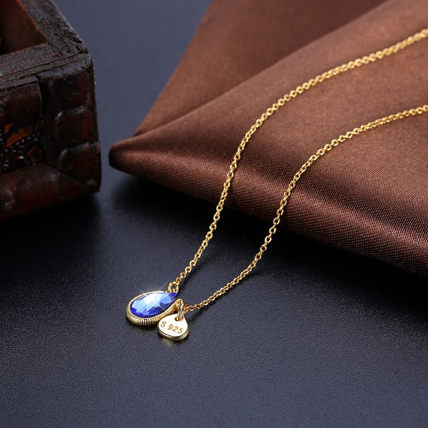 Blå kristall Shi Shi Halsband S925 sterling silver vattendroppe