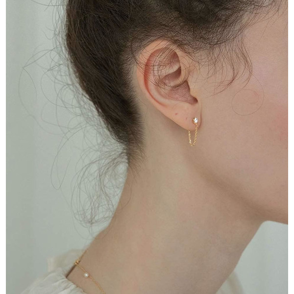 Cubic Zirconia Stud Øreringe med Kæde Sterling Sølv Kæde Øre