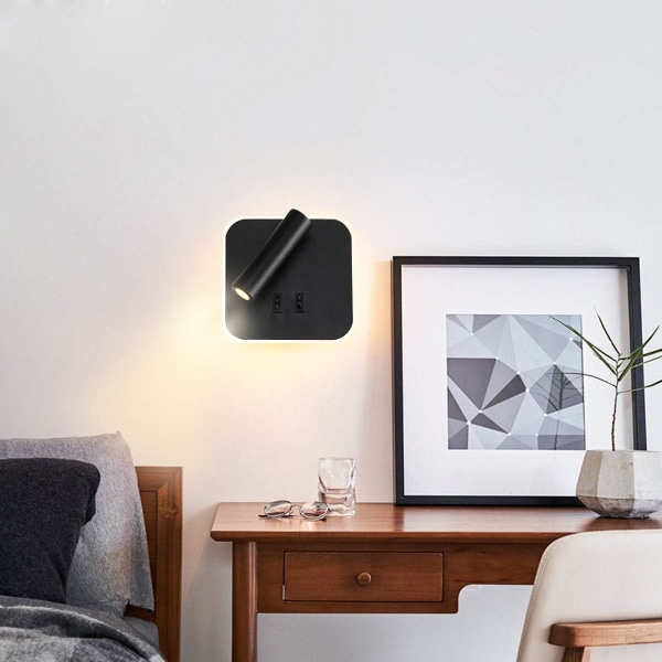 (Firkantet) Svart 3W+10W LED nattbordslampe Innendørs hotell vegglampe B
