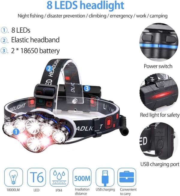 Hodelykt Oppladbar, 8 LED Hodelykt USB Oppladbar Hodelykt