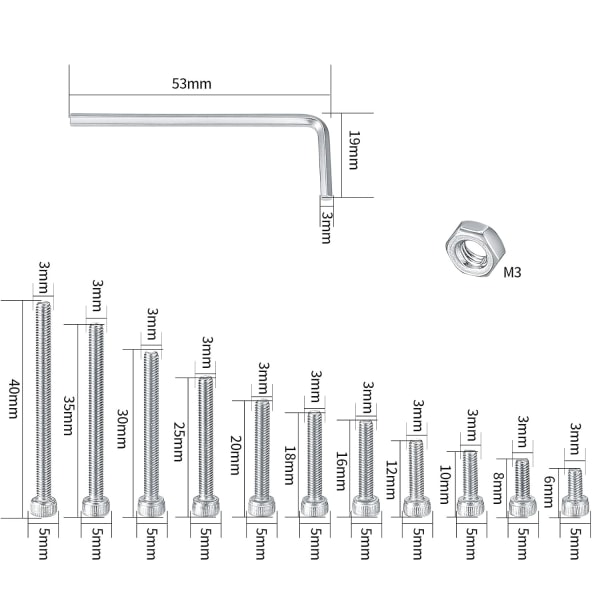 440 stk. M3 Hex-skruehovedskruer, Kabelskruer med hoved