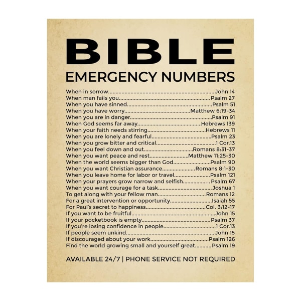 Bible Emergency Numbers - Kristna print, denna bibelinspirerande väggkonst är en vintage troskristen gif