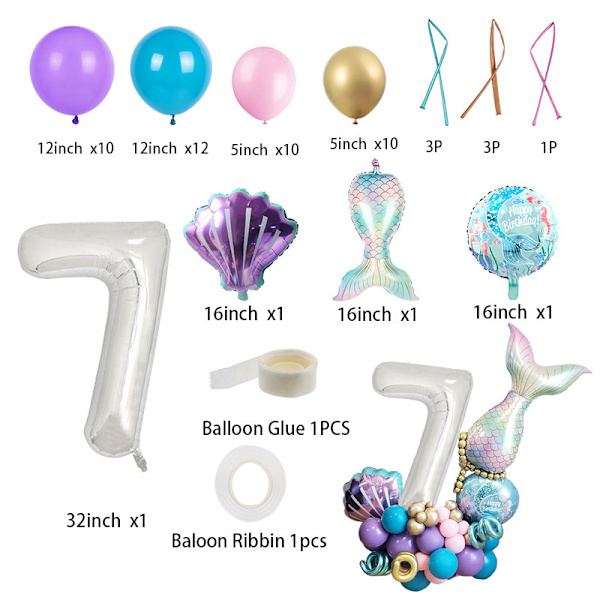 7-årig 32-tums Digital Sjöjungfru Ballongset Skal Barnfödelsedag