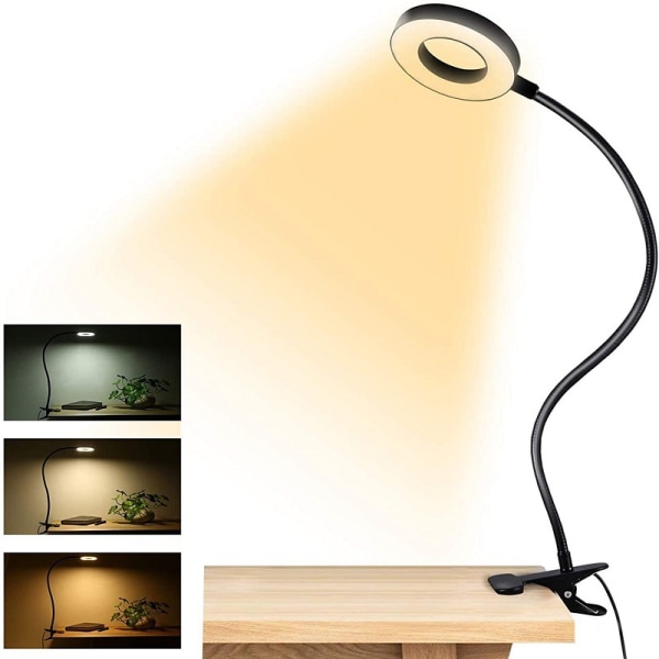Klemmelampe, 3 Tilstande LED Skrivebordslampe, 360° Fleksibel Læselampe, Lang