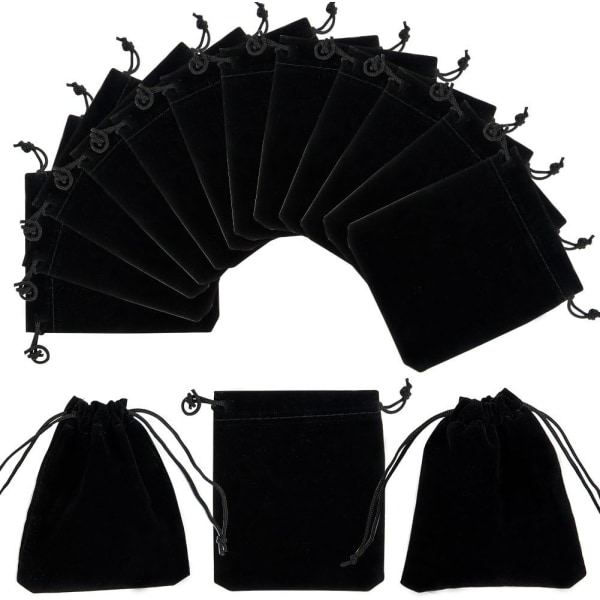 50-pack sammetsväskor med dragsko, svarta smyckespåsar 3,9 x 4,7 tum