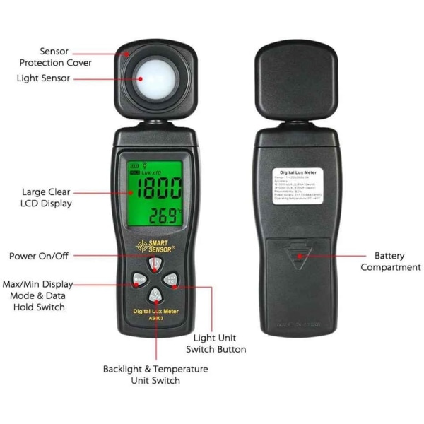 Smart Sensor AS803 Digital Lux Light Meter 1-200000 Lux Lumenmete