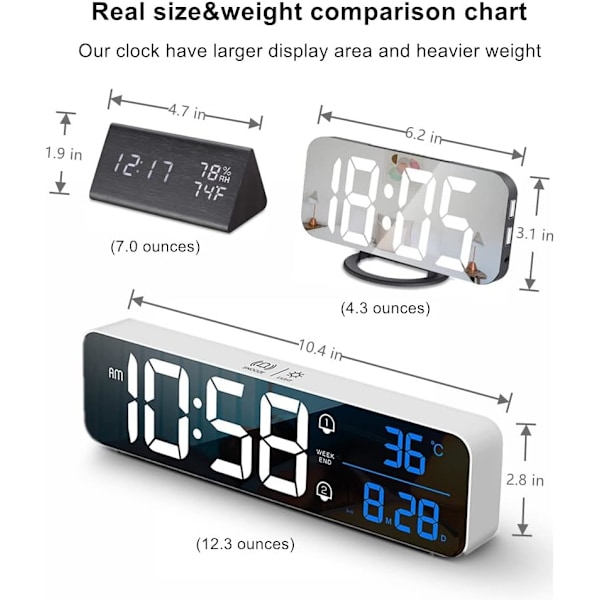 Digital klocka stor display, LED väckarklocka för vardagsrumsdekor, uppladdningsbar, ljudaktiverad, snooze, datum och temperatur
