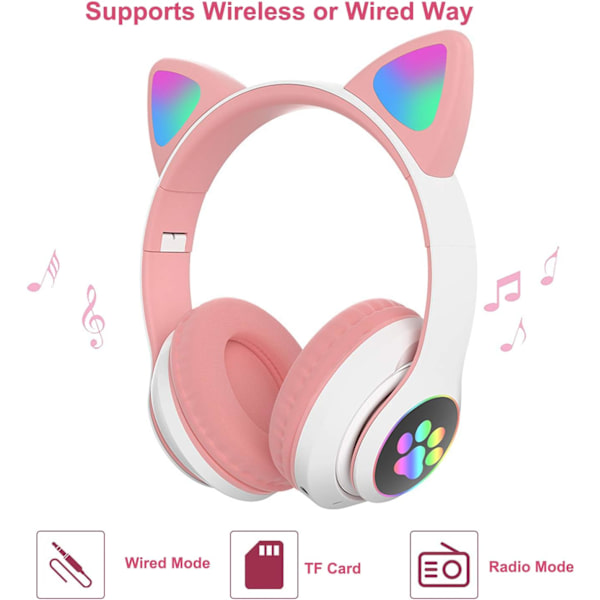 Hörlurar för barn - Vikbara Bluetooth-hörlurar med kattöron och blinkande ljus