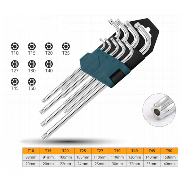 Torx Nøgle, Sæt med 9 Hex Nøgle Allen Nøgle -A
