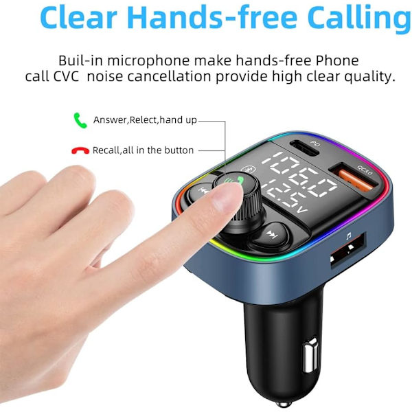 Bluetooth FM-sender, PD18W og QC3.0 lydadapter, støtte