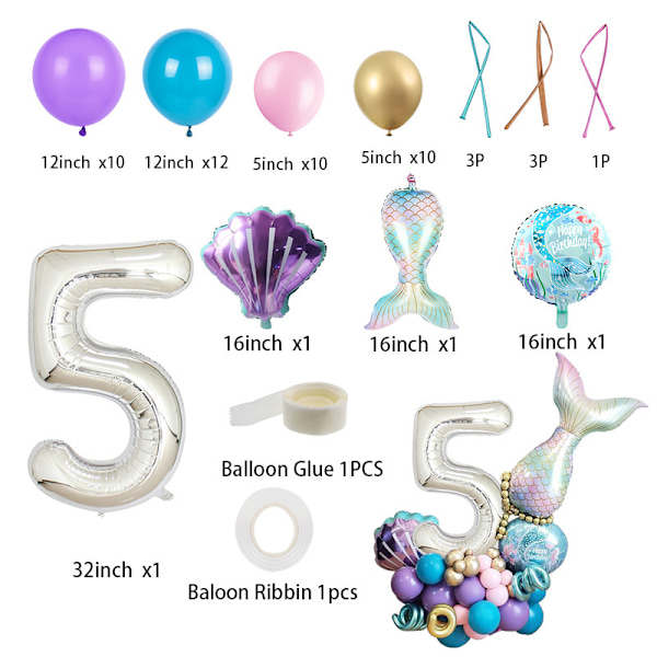 5-årig 32-tums Digital Sjöjungfru Ballongset Skal Barnfödelsedag