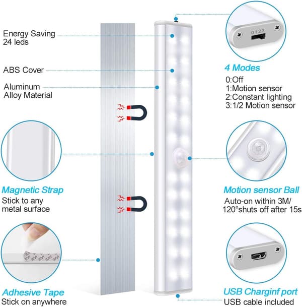 24 LED Klesslys, Trådløs, USB-oppladbar, Magnetisk, Bevegelsessensor
