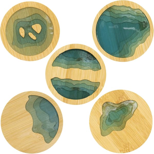 Dryckesunderlägg Rund Havsvåg Epoxiharts och Bambu - 5-pack