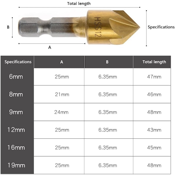 6 stk. Træbearbejdnings-Countersinks, 90° HSS Konisk Countersink, Carbi