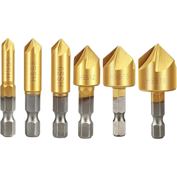 6 stk. Træbearbejdnings-Countersinks, 90° HSS Konisk Countersink, Carbi
